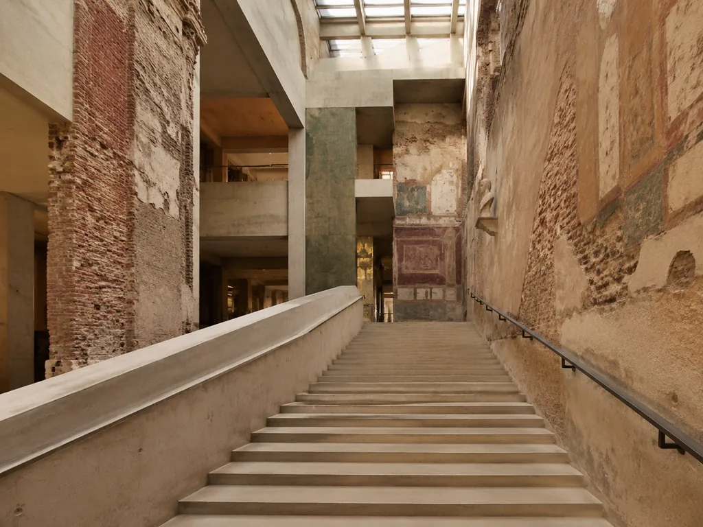 Die Treppenhalle des Neuen Museums mit sichtbar belassenen Kriegsspuren